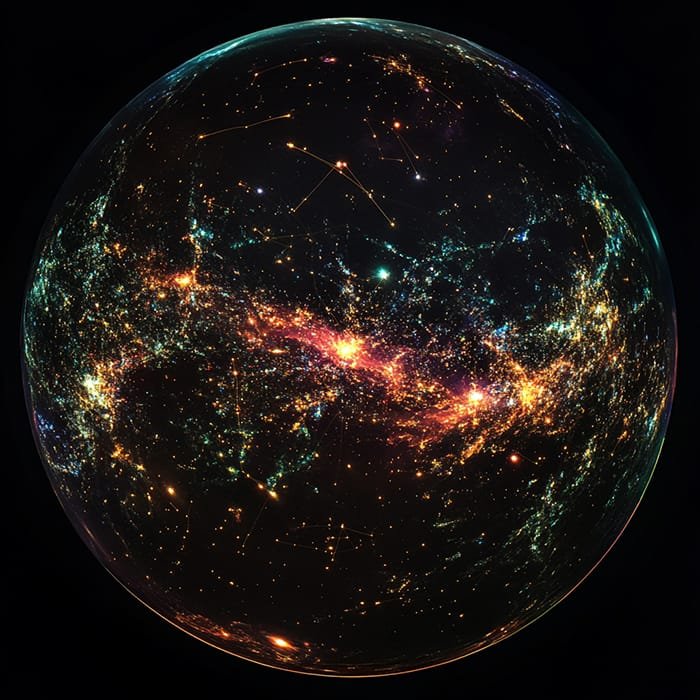 Mapping the Universe: A Journey Through the Space Telescope’s Map 10 A spherical digital representation of a galaxy, enhanced by the Space Telescope's Map, features bright, colorful stars and cosmic structures against a dark background.