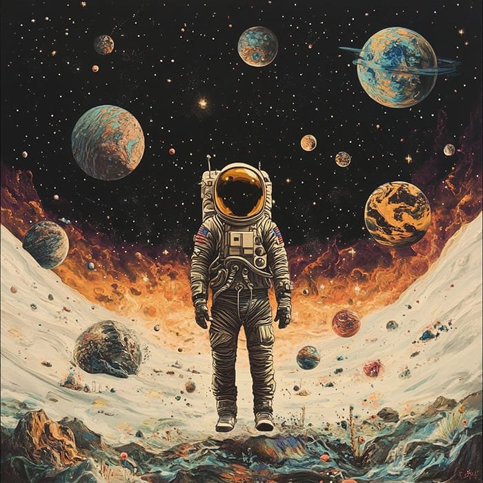 An astronaut in a spacesuit stands on a moon-like surface, embodying the spirit of space exploration, surrounded by planets and stars in a colorful, surreal space scene.