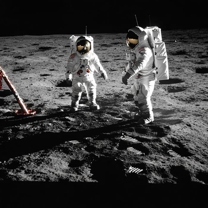 Two astronauts in spacesuits navigate the moon's surface, a testament to the space race, surrounded by footprints and equipment.