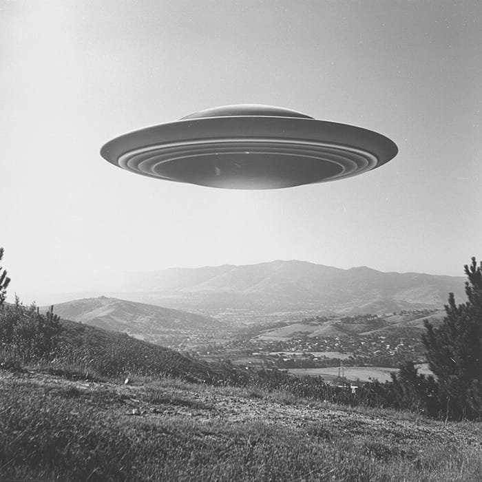 A black and white image captures a UFO eerily resembling Saturn, hovering majestically over a hilly landscape.