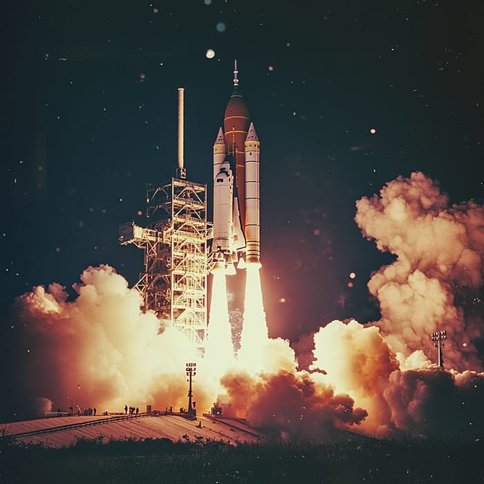 A space shuttle, echoing the fervor of the space race, launches into the night sky with flames and smoke billowing from its engines.