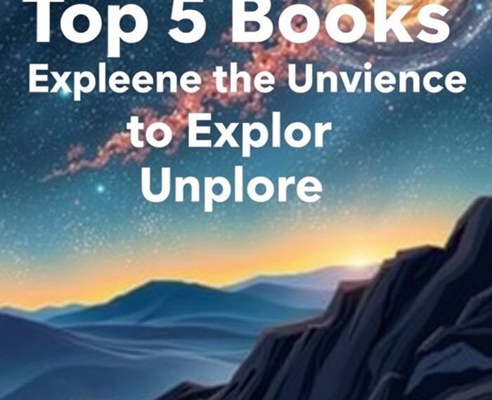 An abstract cosmic landscape with text overlay: "Top 5 Books: Explore the Universe to Unplore the Unvience.
