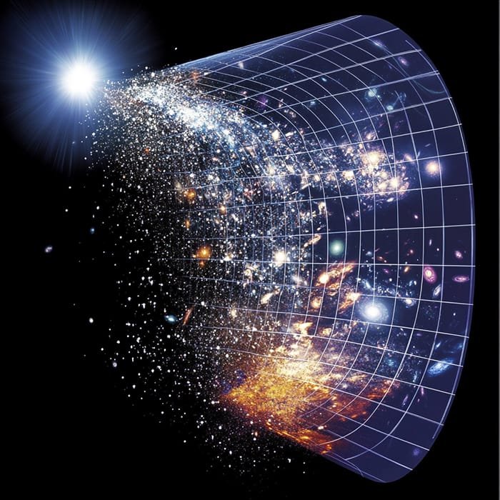 Understanding Inflation in Cosmology and Its Impact on the Universe's Early History 1 Illustration of the expanding universe, rooted in cosmology, depicting the Big Bang on the left. Galaxies and cosmic structures spread outward over time against a grid-like backdrop.