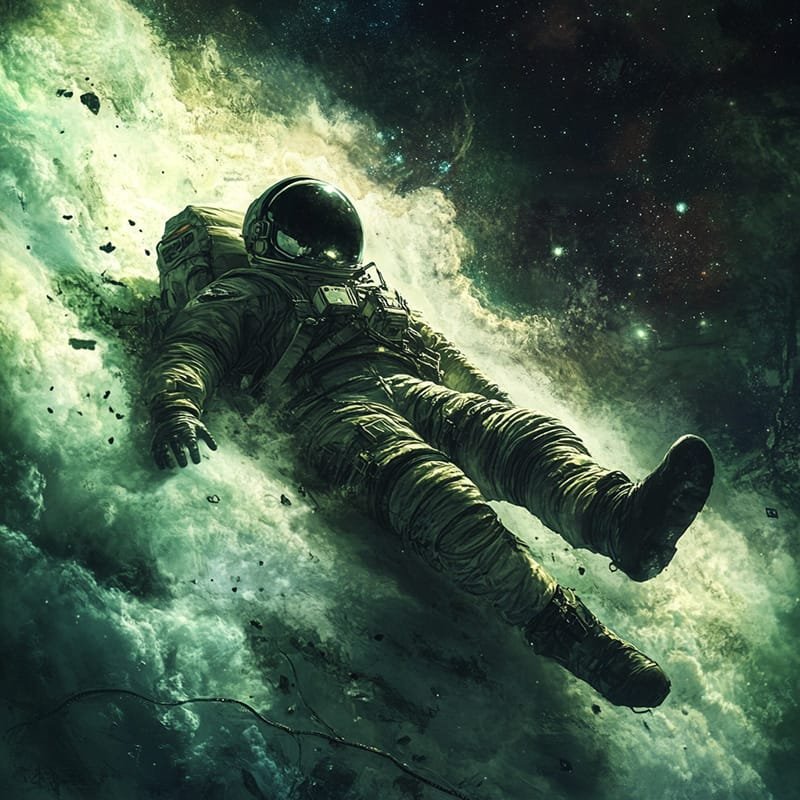 What Happens If Someone Dies in Space? An In-Depth Exploration 7 An astronaut drifts through the vastness of space, enveloped by clouds and stars, their spacesuit gleaming against a dark cosmic background.
