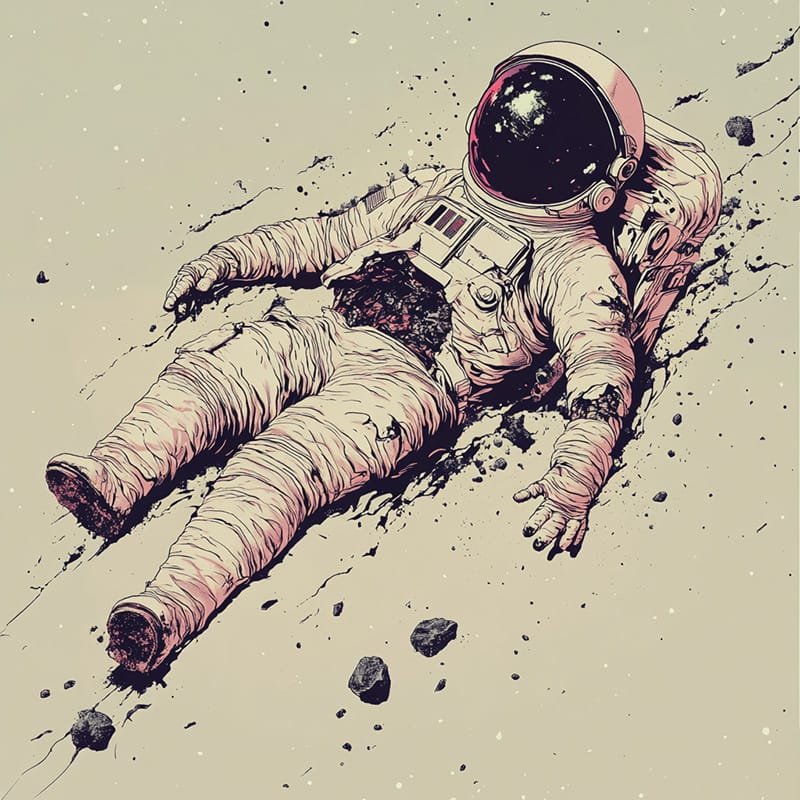 An illustration of an astronaut lying on the rocky ground of a desolate landscape, wearing a spacesuit and helmet, set against a light-colored space background.
