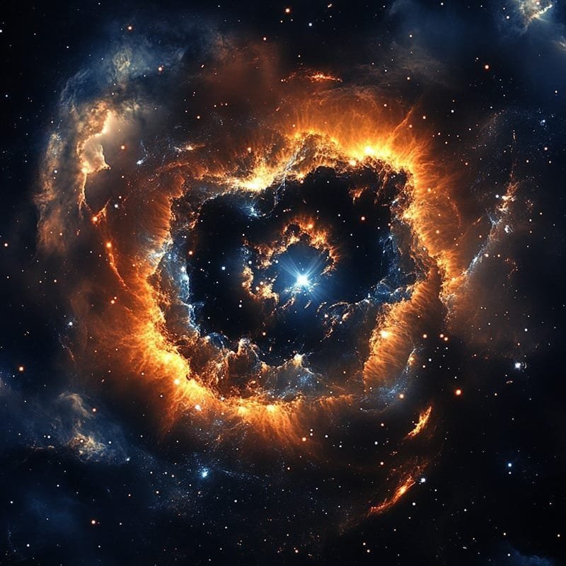 Which is the rarest item in the universe 3 A vibrant nebula with fiery orange and blue clouds surrounds a bright star, possibly one of the rarest items in the universe, set against a dark space backdrop.