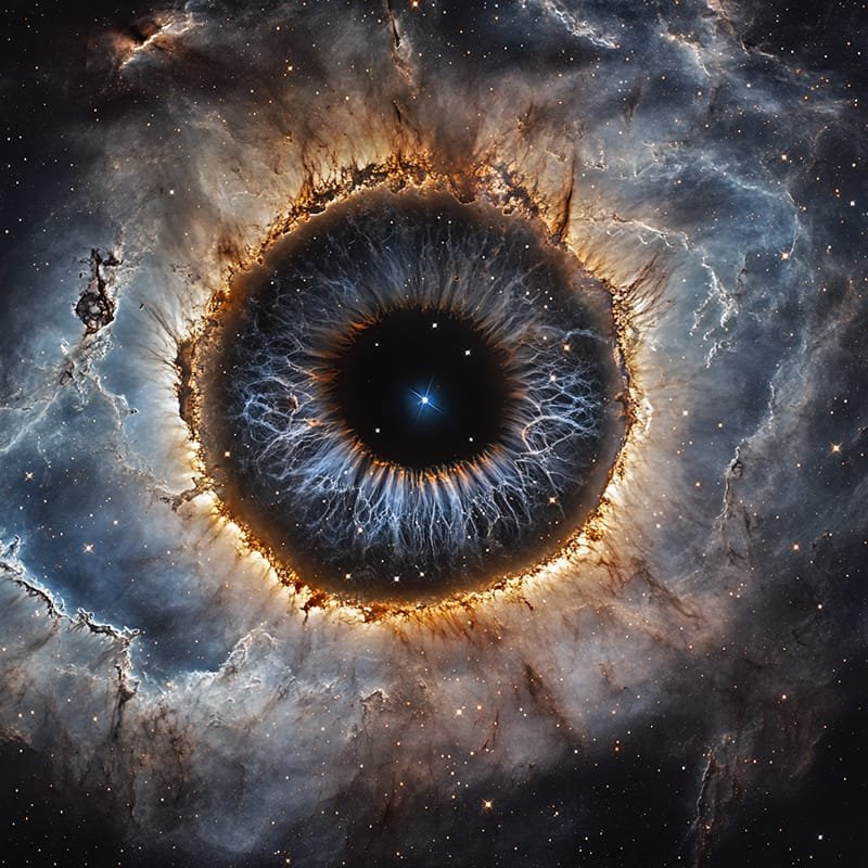 Amidst the vast cosmos, an ethereal nebula likened to Eyes in Space captivates with its striking blue and orange hues, all while a brilliant star anchors its dazzling center.