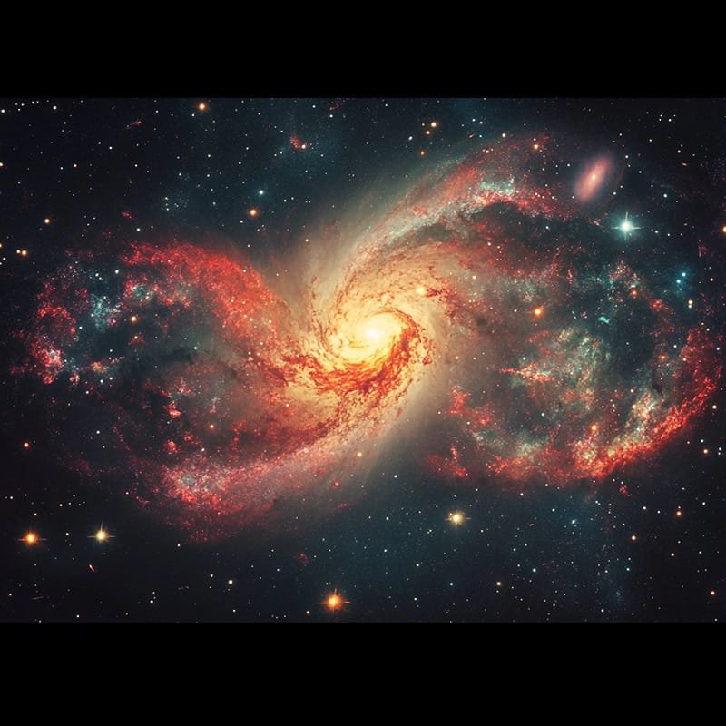 Eyes in Space: Unveiling the Cosmic Gaze 2 A vibrant spiral galaxy with bright, swirling arms of red and orange set against a starry background resembles eyes in space, gazing into the cosmos.
