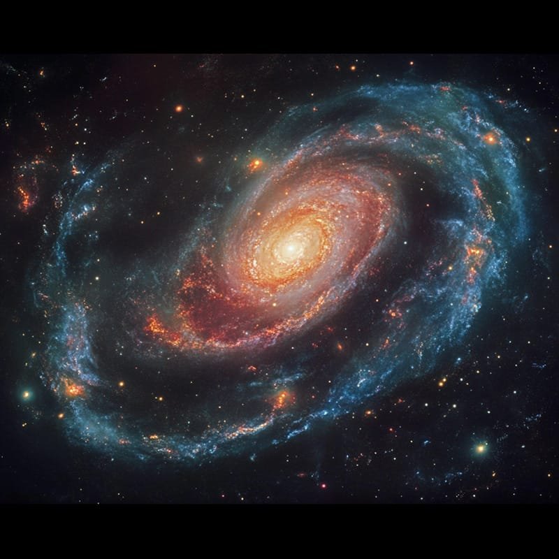 Eyes in Space: Unveiling the Cosmic Gaze 1 A spiral galaxy with a bright core and colorful swirling arms in space, featuring blue, red, and orange hues. Like eyes in space, its beauty captivates viewers amid the scattered stars.