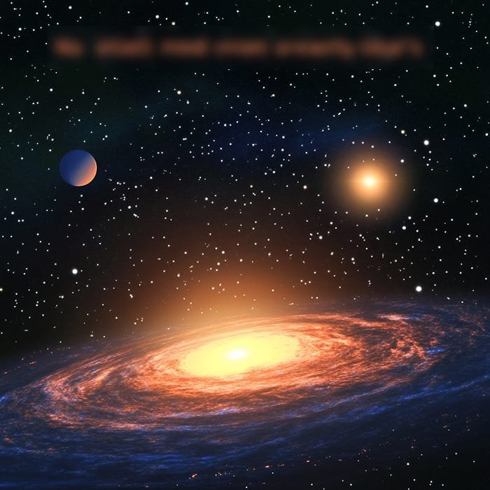A glowing spiral galaxy with a bright central light and a surrounding starry sky, observed by NASA, is accompanied by two visible planets.