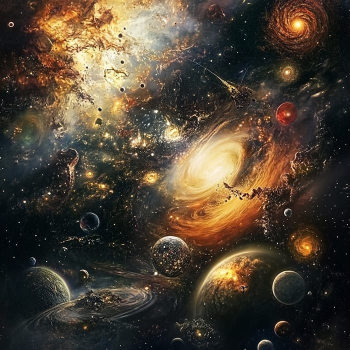 A colorful depiction of a chaotic galaxy, featuring swirling stars, planets, and cosmic phenomena captured with the vivid clarity of JWST, highlighting a vibrant array of colors.