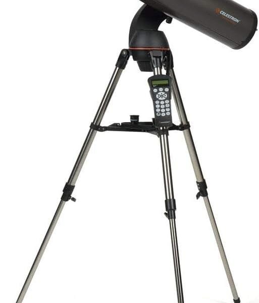 A black telescope mounted on a tripod, featuring a control panel on the stand.