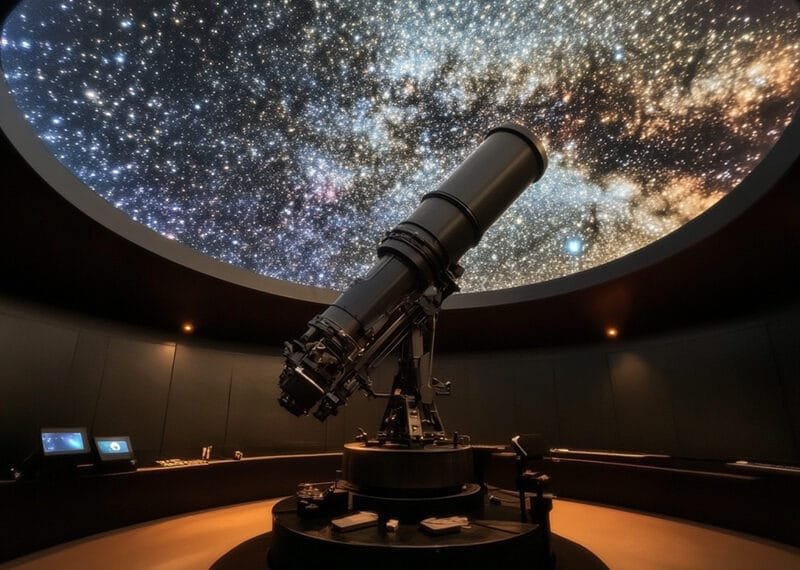 A large telescope is thoughtfully positioned inside an observatory, its lens poised beneath the wide domed ceiling displaying a star-filled night sky.