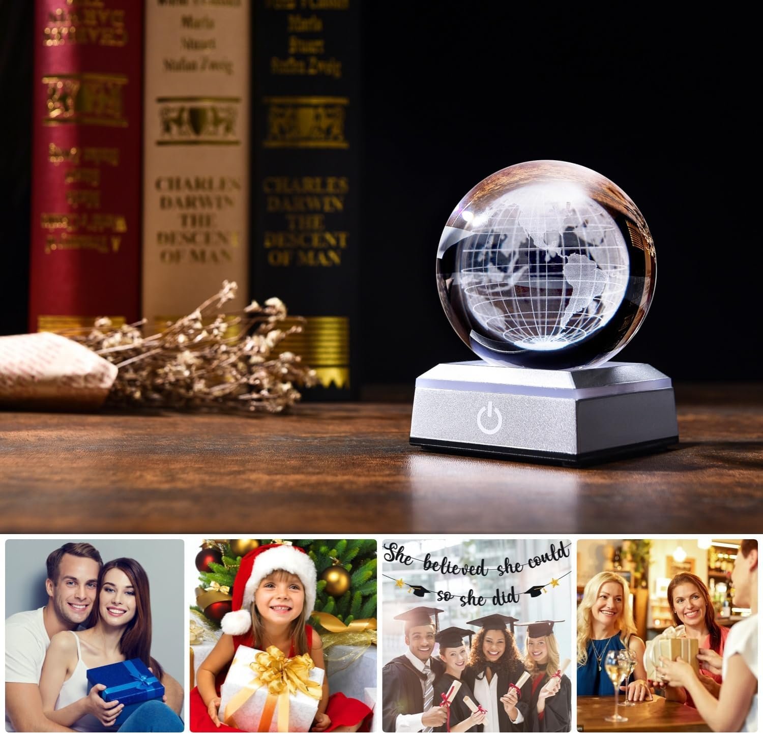 A levitating globe on a base with books in the background. Below are small photos of smiling people with gifts, a child in a Santa hat, graduates, and people dining.