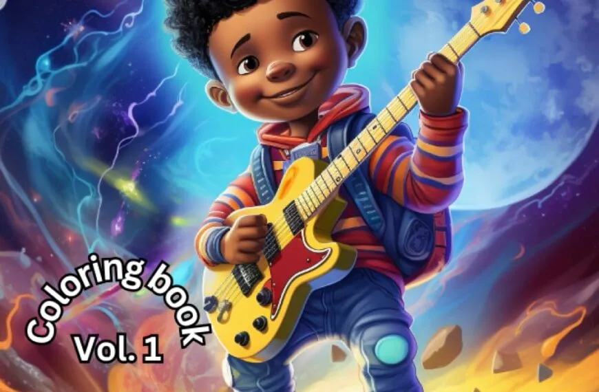 Illustration of a smiling boy with a guitar, standing on a colorful planet. Text reads: "From Rockstar to Astronaut: Black Boys' Dreams Come True. Coloring book Vol. 1 by Zhanea Parker.