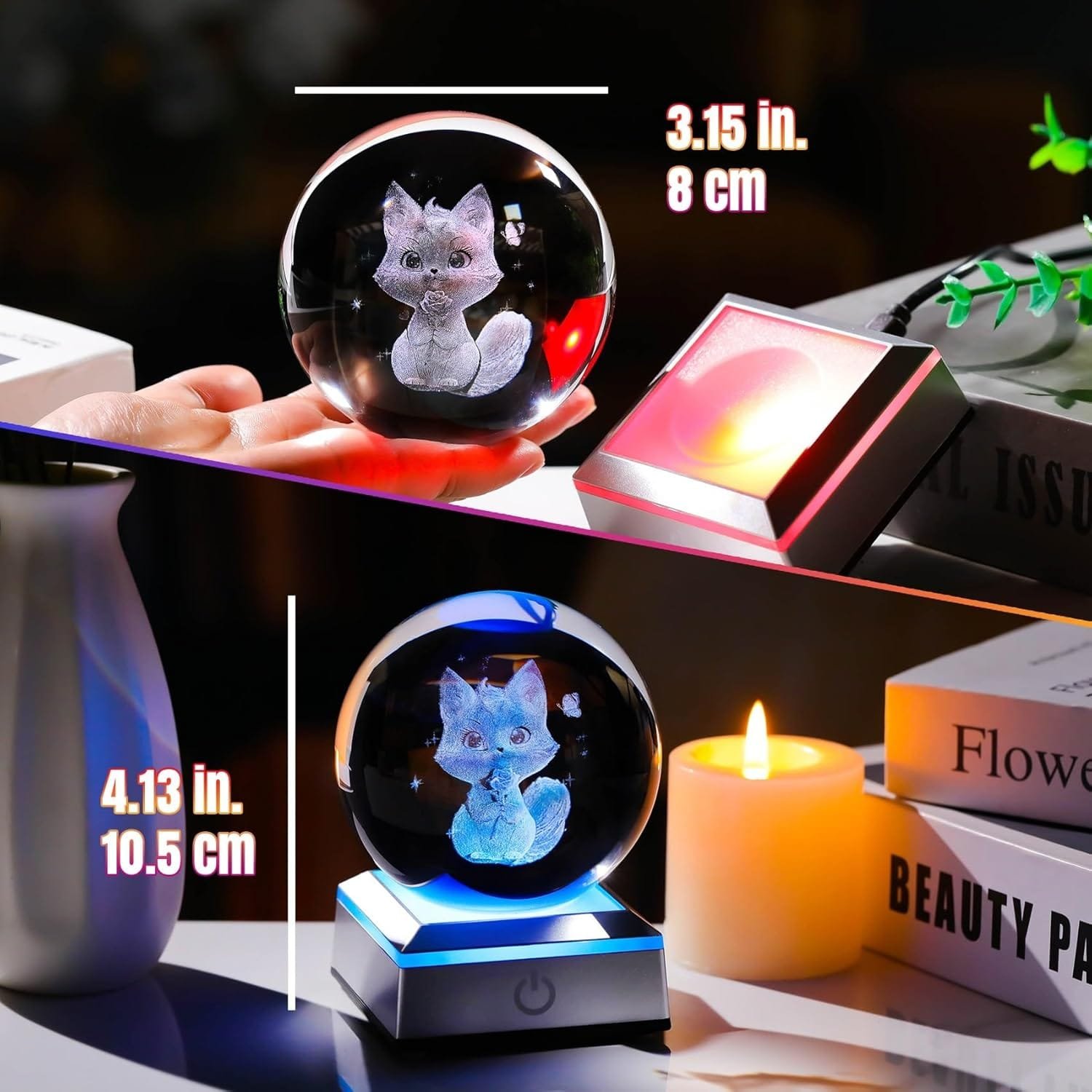 Two glass spheres with etched cats, one 3.15 inches (8 cm), the other 4.13 inches (10.5 cm), are displayed on LED bases.