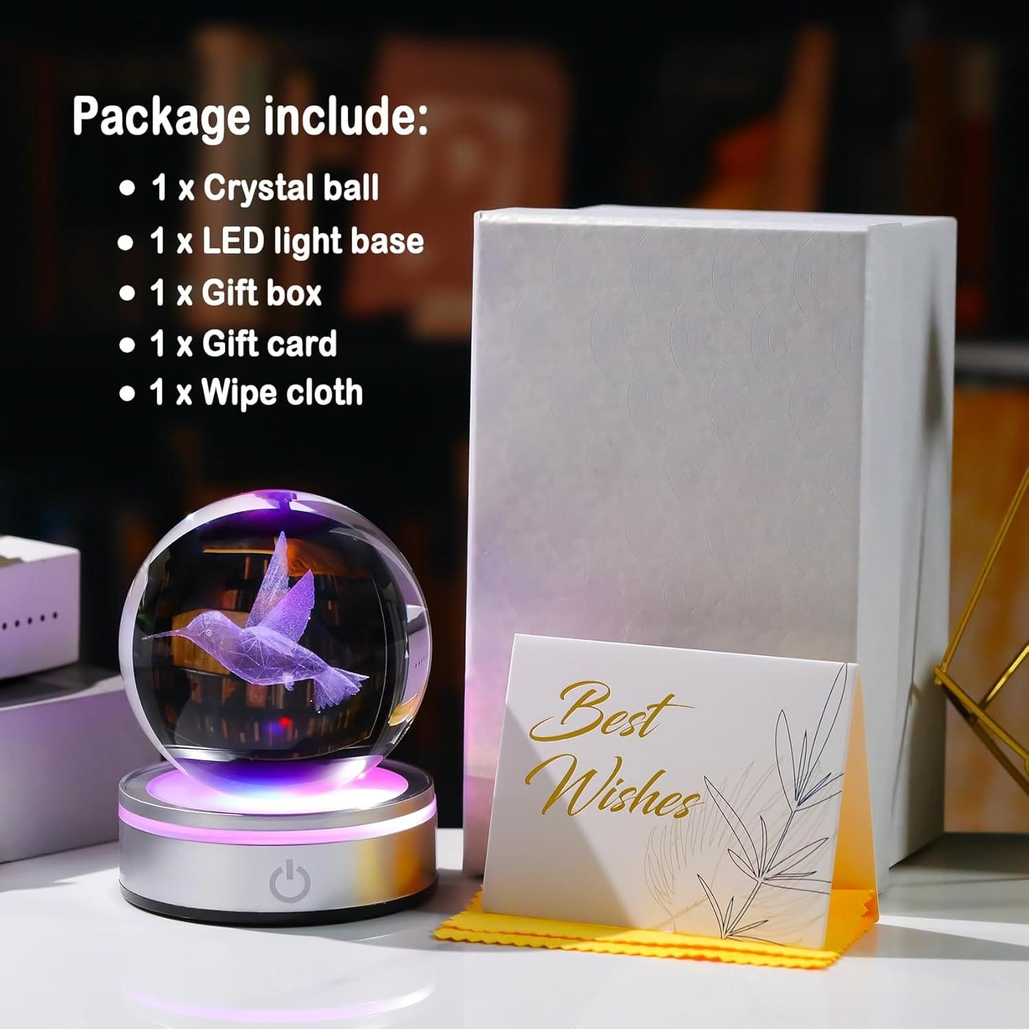 Crystal ball set with LED base, gift box, card, and wipe cloth. Package includes "Best Wishes" card.