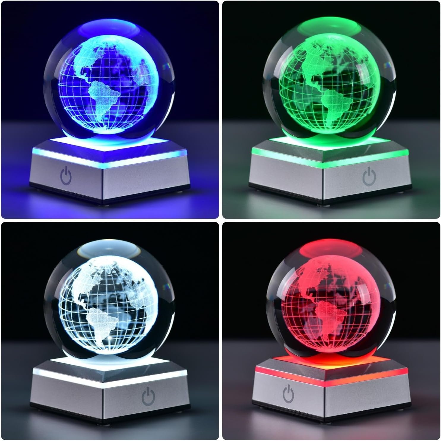 Four images of a glass globe on a stand, each lit with different LED colors: blue, green, white, and red.