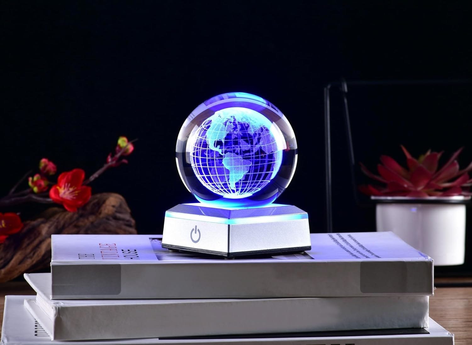 A glowing, blue-themed globe levitates above a base on stacked books, with red flowers and a succulent in the background.