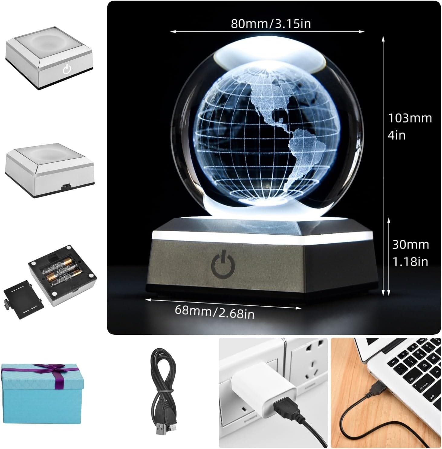 A 3D globe lamp on a square base with measurements. Includes a battery pack, charging cable, and gift box. Lamp is shown powered from a laptop via USB.