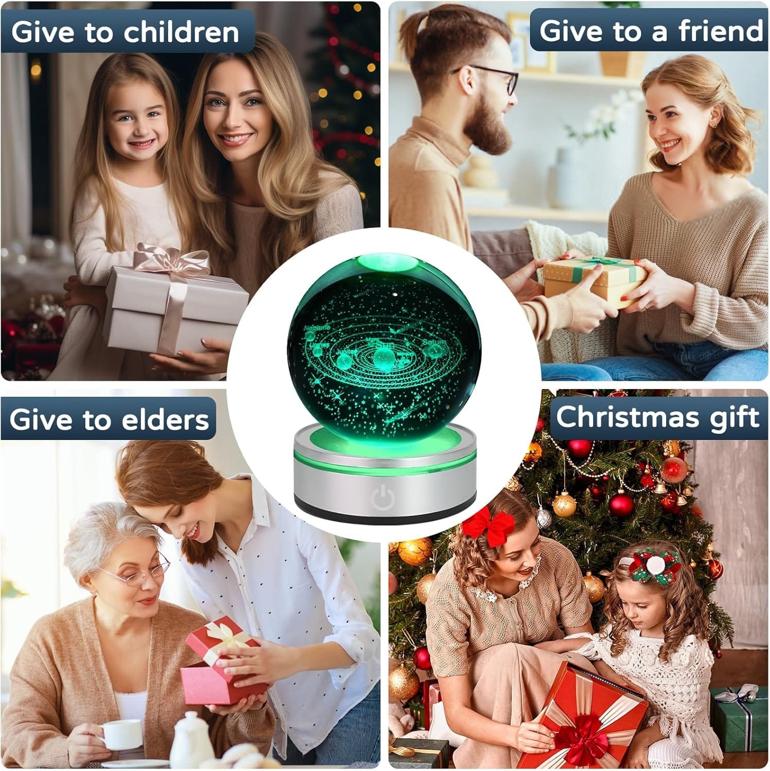 Four images show people exchanging gifts, surrounding an image of a glowing globe lamp. The text highlights giving gifts to children, friends, elders, and as Christmas gifts.
