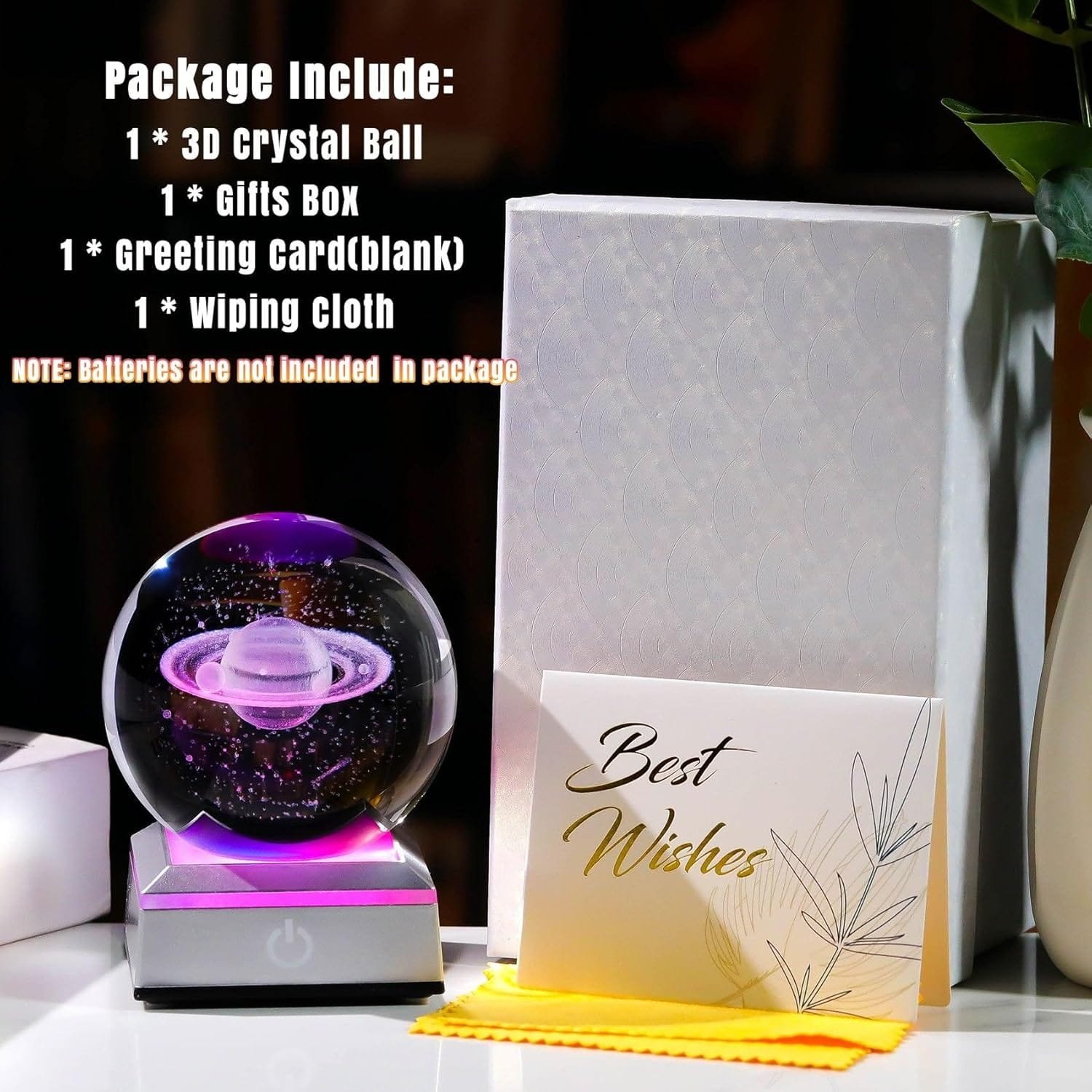3D crystal ball with a planet design, gift box, blank greeting card titled "Best Wishes," and wiping cloth. Note: Batteries not included.