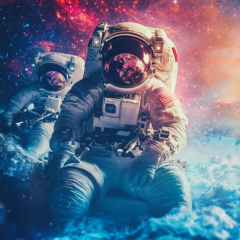 Astronauts in Space, Dealing with Challenges During Long Missions 4 Two astronauts gracefully drift in their space suits against a colorful cosmic backdrop, merging with the mesmerizing dance of stars and galaxies.