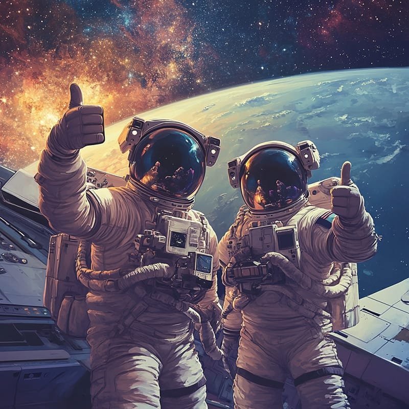 Astronauts in Space, Dealing with Challenges During Long Missions 1 Two astronauts in space suits give enthusiastic thumbs up while standing on a spacecraft, with Earth and a mesmerizing nebula visible in the background.