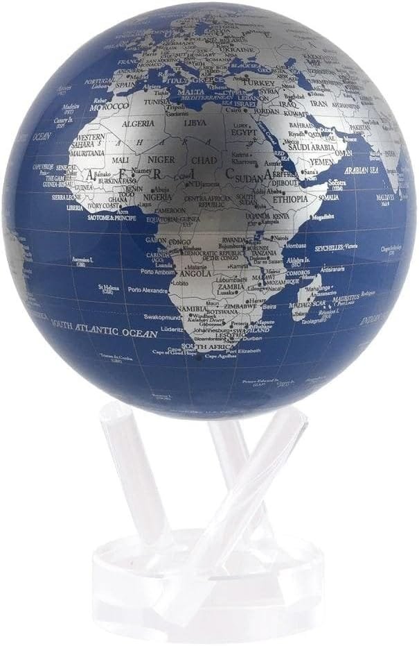 The Globe Metallic 4.5" features a metallic blue and silver design, elegantly showcasing a world map, mounted on a transparent stand.