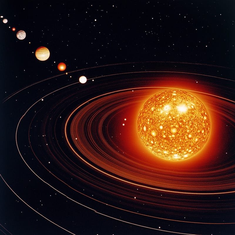 How does the Earth orbit the sun without losing energy? 1 An illustration of the solar system, showcasing the sun with planets perfectly aligned in a row, each following its unique orbit.