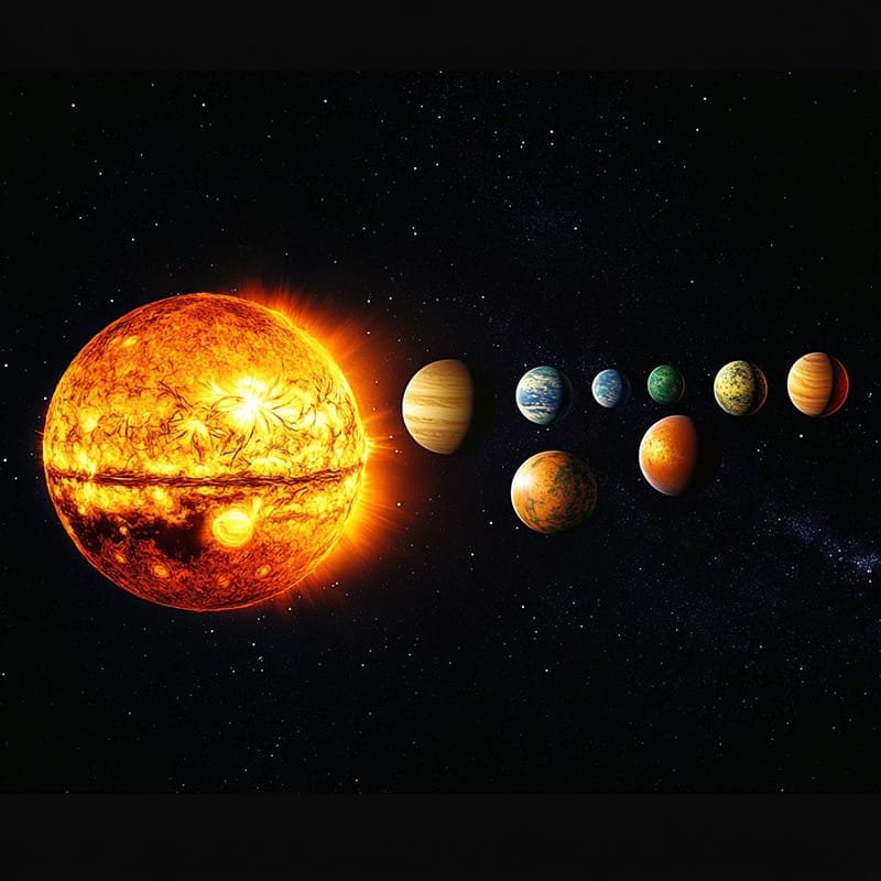How does the Earth orbit the sun without losing energy? 8 An illustration of the solar system with eight planets aligned in a straight line, each orbit tracing a path around a bright, fiery sun against a starry backdrop.