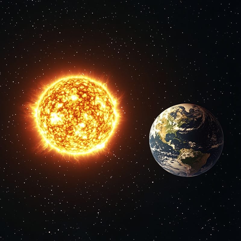 How does the Earth orbit the sun without losing energy? 3 Illustration of the Sun and Earth in space, with the Sun on the left emitting bright rays as Earth orbits on the right, displaying its continents and oceans amidst a starry background.