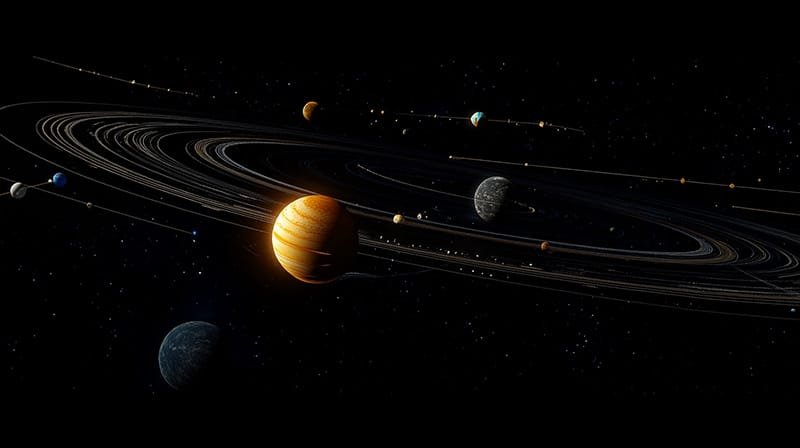 How does the Earth orbit the sun without losing energy? 2 Illustration of a solar system with multiple planets in orbit, surrounded by rings and stars against a black space background.