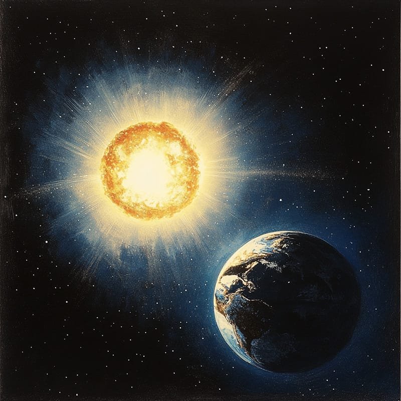 How does the Earth orbit the sun without losing energy? 5 An illustration depicts the Earth gracefully orbiting in space, with a bright, fiery sun blazing in the background, surrounded by twinkling stars in the dark expanse.