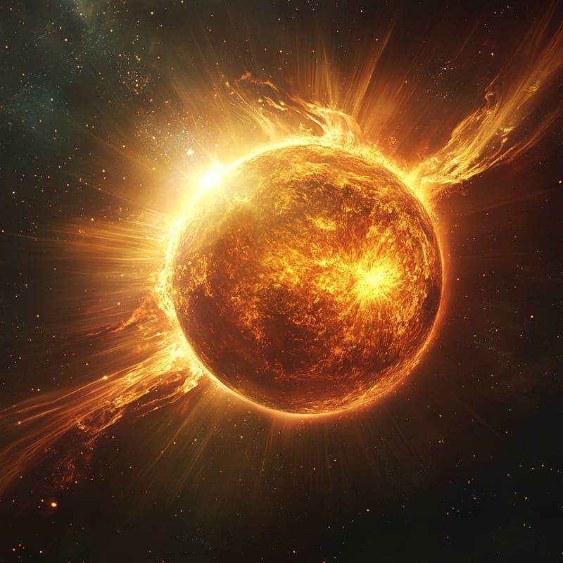 How does the Earth orbit the sun without losing energy? 4 Fiery celestial object with bright, swirling solar flares and a glowing surface, majestically orbiting in its cosmic dance against a dark space background.