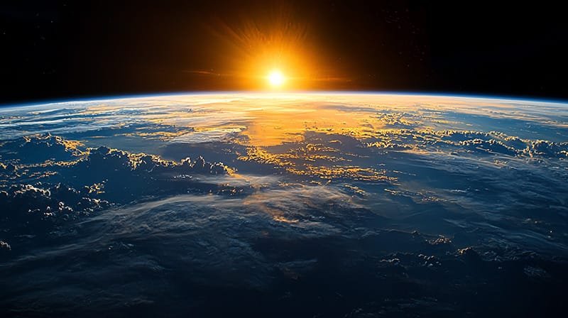 How does the Earth orbit the sun without losing energy? 11 A view of Earth from space, captured while in orbit, with the sun rising over the horizon and illuminating the clouds and atmosphere.