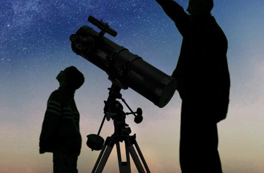 Two silhouetted figures, one adult andA child standing near a Polaris 130EQ Newtonian telescope.. The adult points upwards against the starry night sky backdrop, guiding the child's gaze toward the wonders beyond.