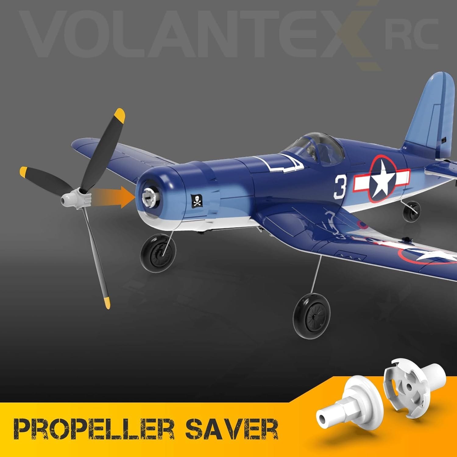 Featured is the RC F4U Corsair Plane, available for adults in a sleek blue design. This model includes a propeller saver feature and is adorned with a U.S. star emblem on its wings and sides. In the background, "Propeller Saver" and "VOLANTEX RC" emphasize its cutting-edge design for enthusiasts.