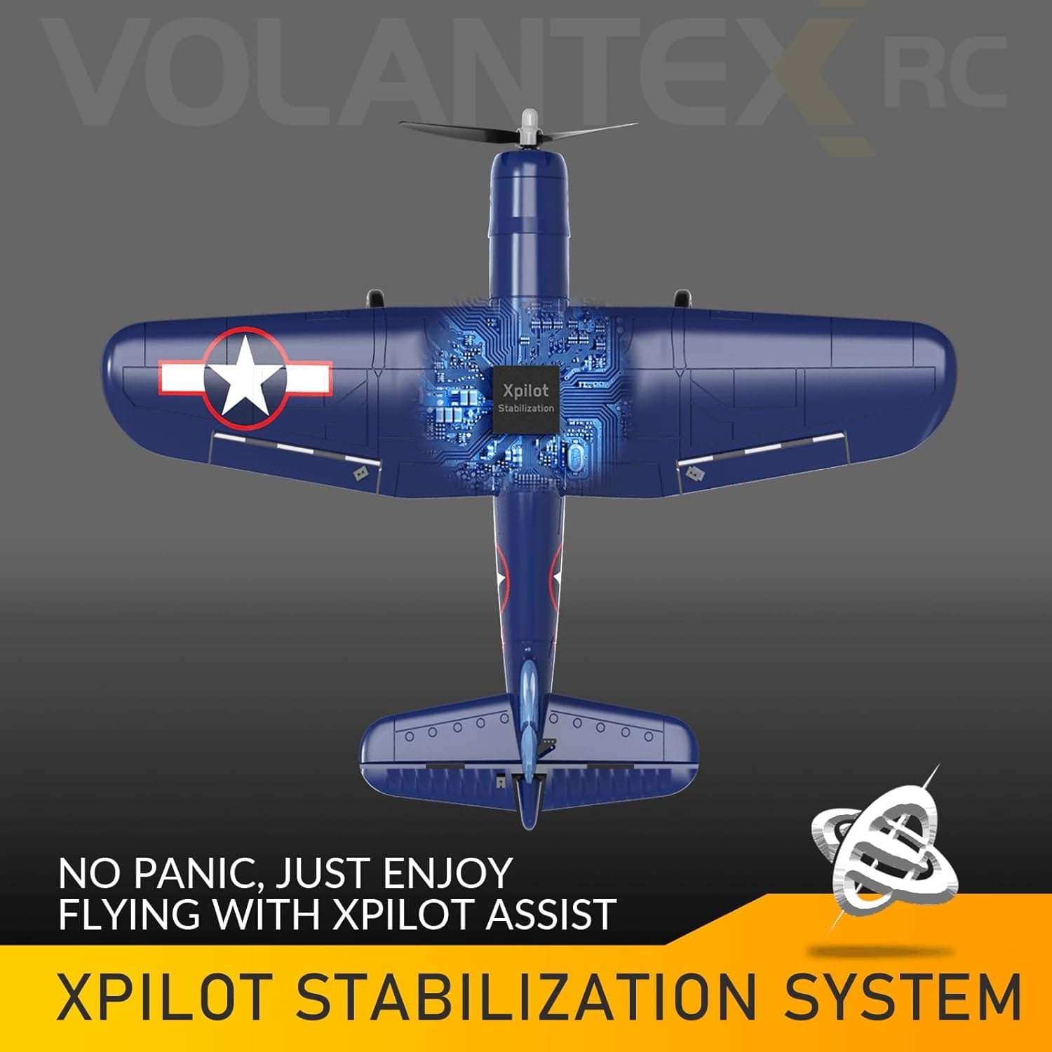 Image of a blue RC F4U Corsair model airplane featuring a visible electronic chip, promoting the XPilot Stabilization System. Text reads: "No panic, just enjoy flying your RC F4U Corsair Plane with XPilot assist.