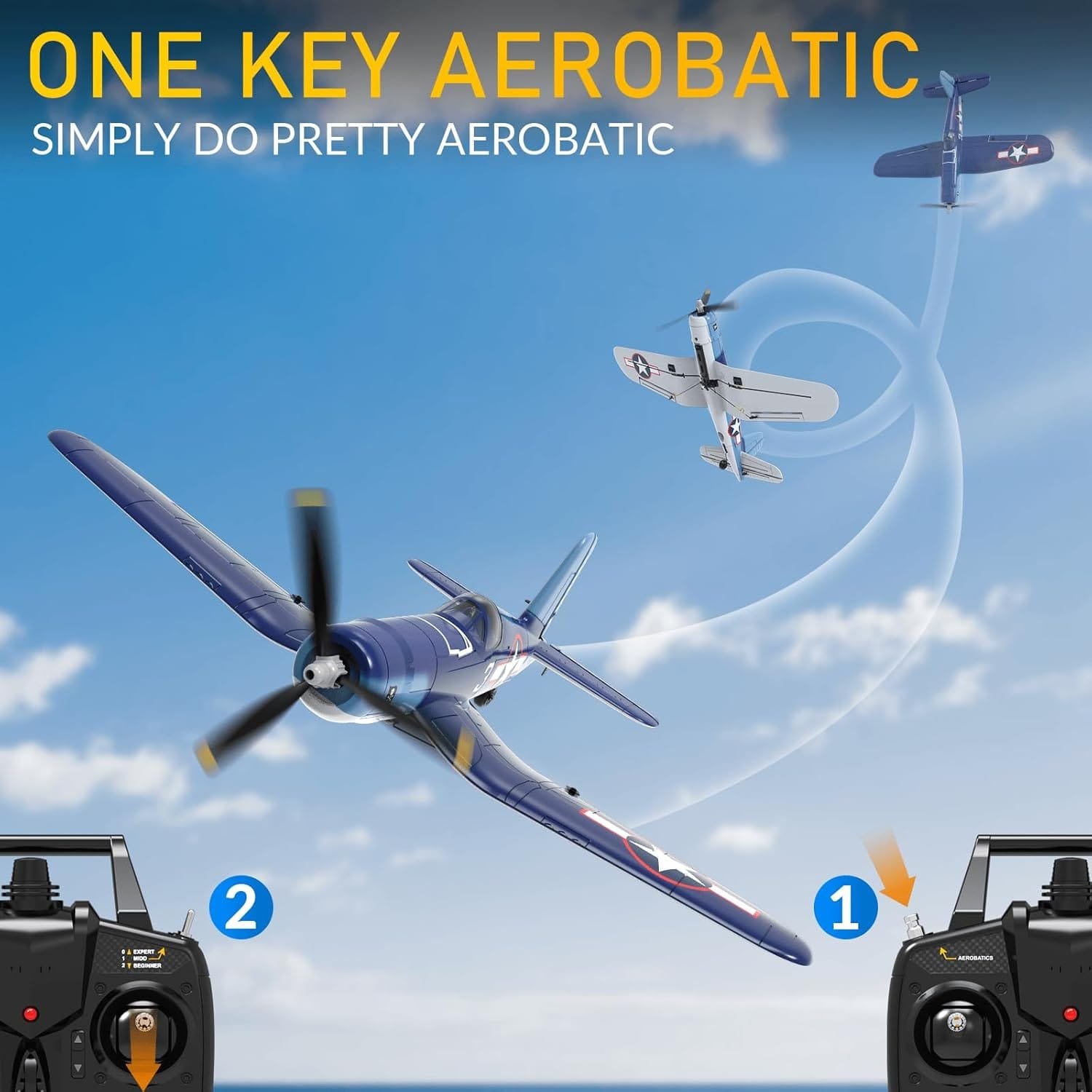 Discover the exhilaration of piloting the RC F4U Corsair Plane as it gracefully performs aerobatic maneuvers in the sky. Utilize detailed instructions for your remote control to execute awe-inspiring stunts and elevate your flying skills to new levels.