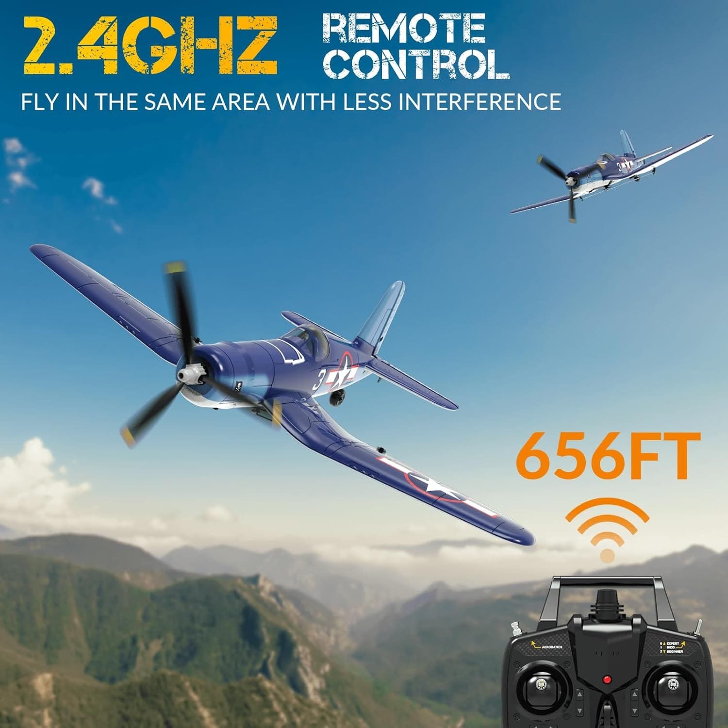 The RC F4U Corsair Plane gracefully soars in the clear sky above mountains, its blue wings catching the light. Prominent text features "2.4GHz Remote Control" and "656FT". At the bottom, a sleek black controller is elegantly displayed, poised to command your next adventure with precision.