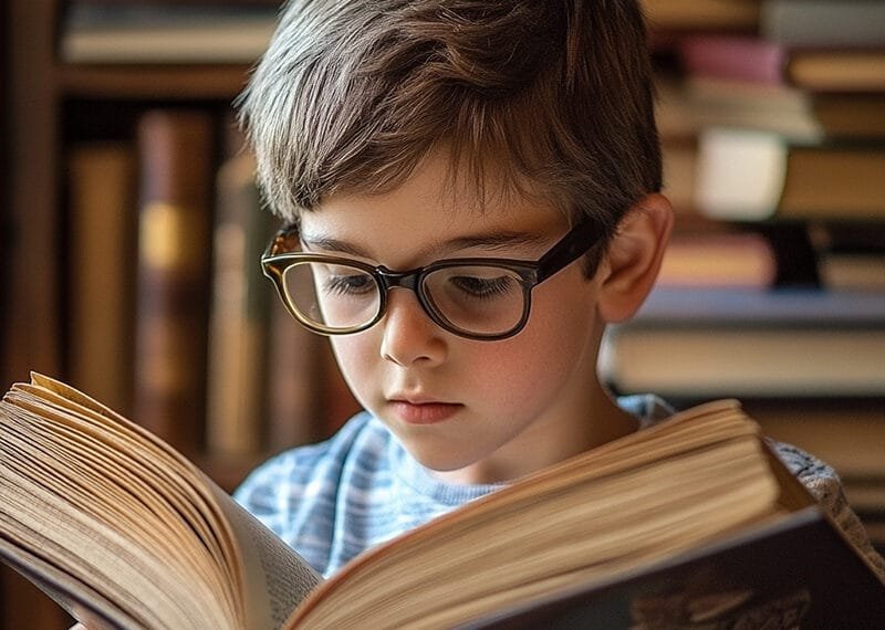 A young boy wearing glasses is intently reading a STEM book in a room filled with books.