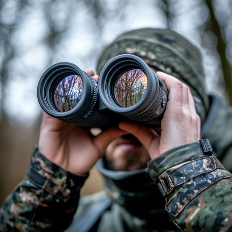Person wearing camouflage holds binoculars, reflecting trees.