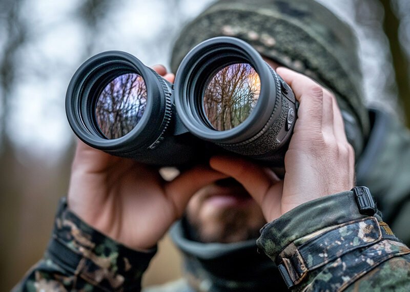 Person wearing camouflage holds binoculars, reflecting trees.