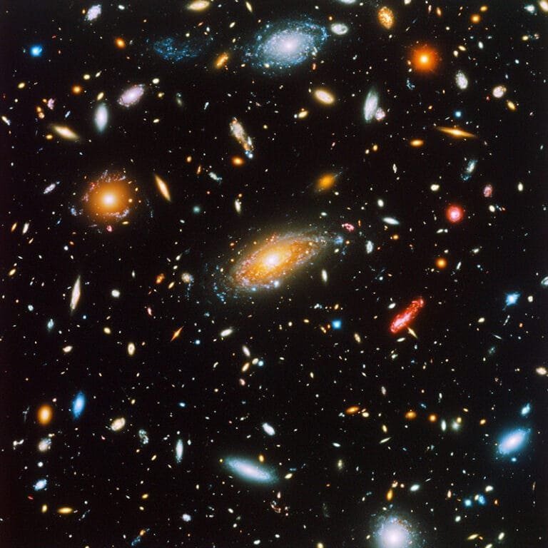 An image of a dense star field with various galaxies in different shapes and colors scattered across the dark galaxy sky.
