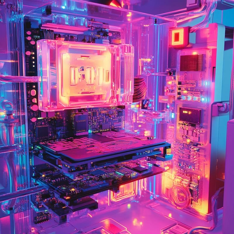 What is the probability that the universe is a computer simulation? 20 A high-tech computer motherboard, vivid with pink and purple LED lights, showcases intricate circuitry and components, resembling a stunning computer simulation in action.