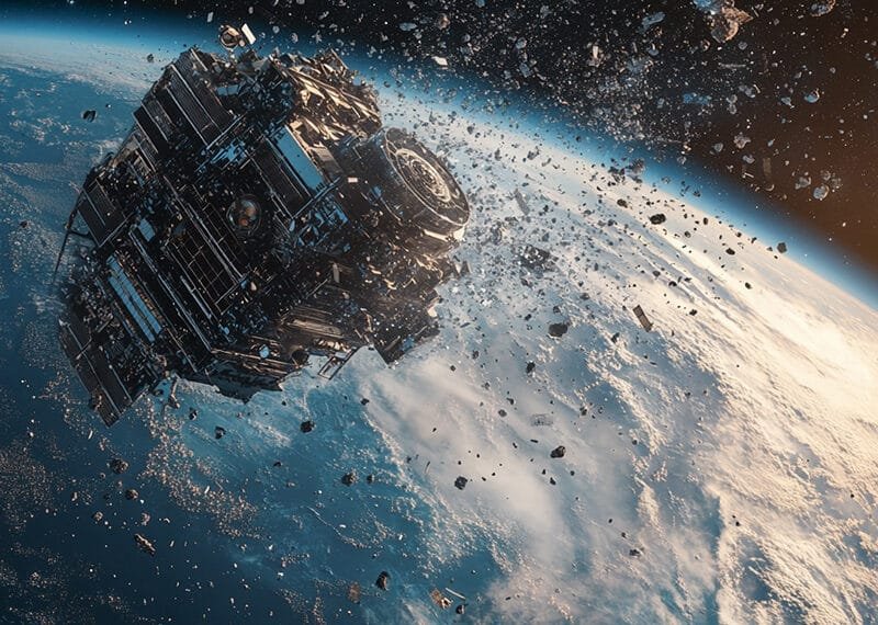 A large metallic object breaking apart in space, surrounded by debris, with Earth visible in the background.