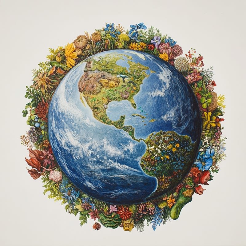 An illustrated globe representing Earth is surrounded by diverse flowers and plants, showcasing the rich tapestry of our planet's biodiversity.