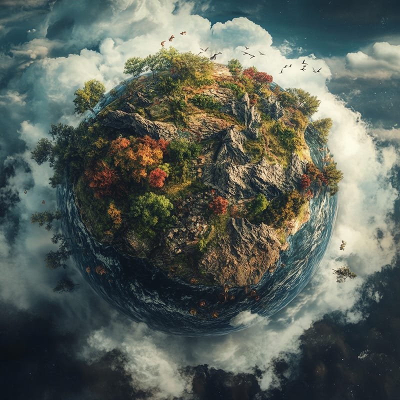 A small, spherical Earth with trees, mountains, and water floats serenely among clouds and birds.