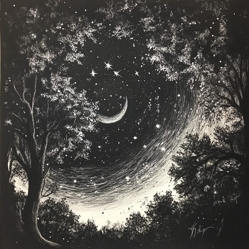 Black and white drawing of a crescent moon surrounded by stars in a night sky. Tall trees frame the scene on both sides.